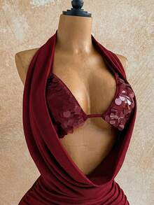 Soleia Women's Solid Color Sequin Halter Tie Ruched Sexy Mini Dress For Dates & Parties ,Summer Dress - Burgundy - View 7