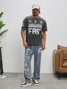 GALLERY FADE Men's Hip Hop Street Fashion Letter Print Washed Straight Leg Wide Jeans - Light Wash - View 5
