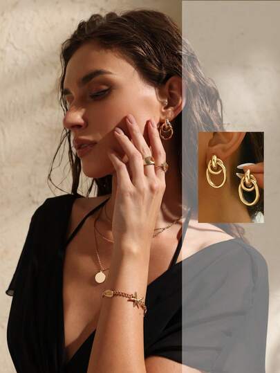 Swim Chiccia 1pair Fashionable Gold Tone Metal Multi-Turn Knotted Design Stud Earrings For Women, Double Hoop Studs, Statement Dangling Earrings, Unique Earrings.(The Color Of The Product May Vary Slightly Under Different Displays/Lighting Conditions)