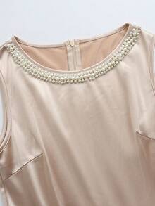 SHEIN LUNE Vestido de punto con cuello redondo decorado con perlas, elástico y brillante, ajustado, que ciñe la cintura con silueta evasé, vestido elegante y de moda, para primavera y verano. Adecuado para uso diario, bodas, banquetes, viajes diarios, fiestas de graduación, eventos festivos y vacaciones. - Champán - Ver 10