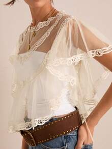 Easelle Apricot-Colored Tulle Ruffled Loose-Fitting Women's Blouse, Perfect For A Vacation Look, Spring/Summer 2026. - Apricot - View 5