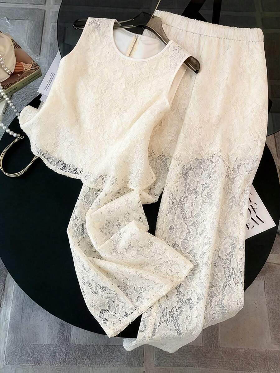 GlowEve CURVE Plus Size Women's 2-Piece Set, Suitable For Party, Gathering, Casual Wear, Chinese Style, Resort Wear, Suitable For St. Patrick's Day, Easter, Valentine's Day, Christmas, Thanksgiving, Comfortable, Versatile, Fashionable, Spring/Summer Lace White Top Lace Long Sleeve Lace Tops Lace Blouse Lace 2 Piece Set - White - View 1