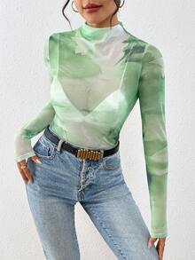 SHEIN Clasi Áo kiểu nữ thời trang gợi cảm in họa tiết tie-dye, cổ đứng, chất liệu xuyên thấu. - Màu xanh Cadet - Xem 5