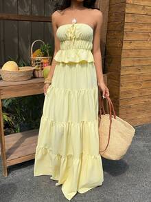 Sunnyshic 黄色泡泡褶皱抹胸上衣，系带设计，搭配低腰层叠荷叶边半裙，女士，春夏度假风波西米亚浪漫简约优雅百搭套装 - 黃色 - 查看 3