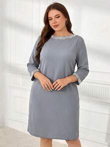 EMERY ROSE Plus Size Elegant Rhinestone Embellished Round Neck 3/4 Sleeve Dress, Summer - Blue - View 4