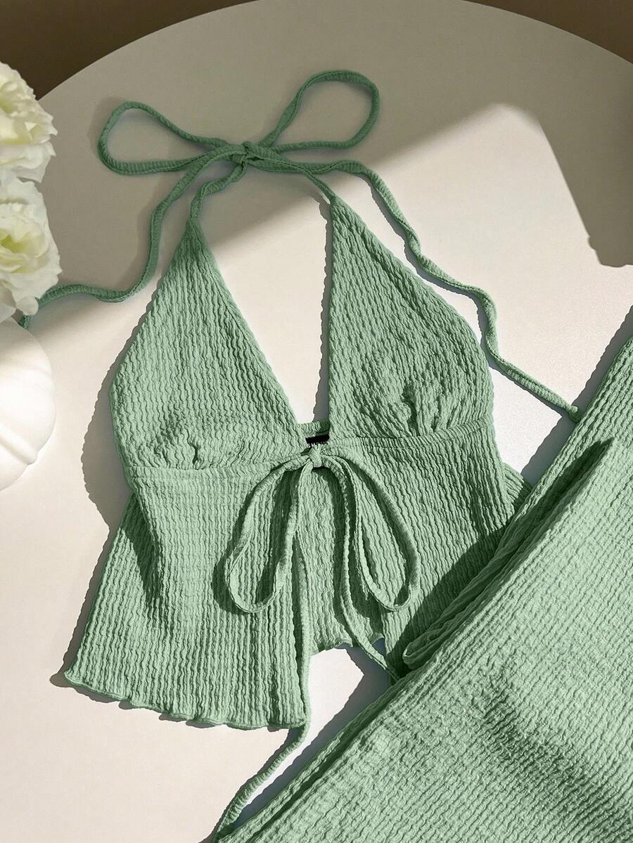 Elamini Solid Color Textured Fabric Pleated Halter Top And Wide Leg Pants Set Green Two Piece Set - Green - View 1