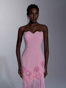 Elitara 优雅奢华的白色和浅粉色波浪纹弹力针织拼接长裙，饰有手工串珠流苏和3D立体花卉装饰，适合派对、约会、度假、婚礼、正式场合、晚宴等场合（做工精良） - 淺粉色 - 查看 6