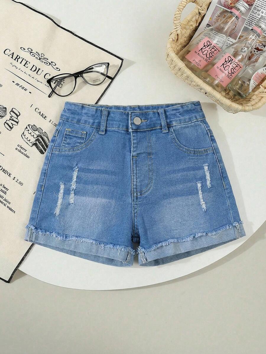 SHEIN 少女牛仔裤,浅蓝色水洗牛仔短裤,休闲舒适,猫须状做旧毛边裤脚,宽松直筒棉质牛仔短裤,适合日常穿着、上学、通勤。 - 中等水洗藍 - 查看 1
