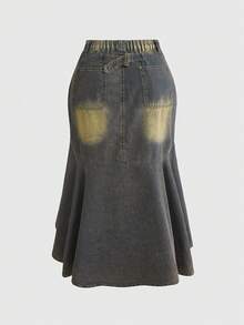 ROMWE Hippie Bohemian Floral Embroidered Plus Size Vintage Washed Bodycon Mermaid Denim Mini Skirt - Blue - View 2