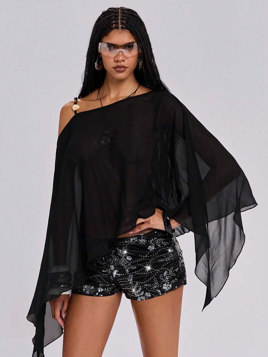 ROMWE Spring/Summer Y2K Sexy Chic Solid Color Beaded Halter Shawl Cover Up See-Through Cover-Up For Women, Suitable For Beach Vacation & Sun Protection - Black - View 1