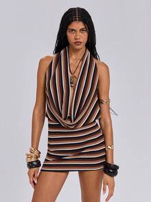 ROMWE Spring/Summer Y2K Sexy Vacation Knit Striped Hollow Deep Draped Neck Halter Dress - Brown - View 5