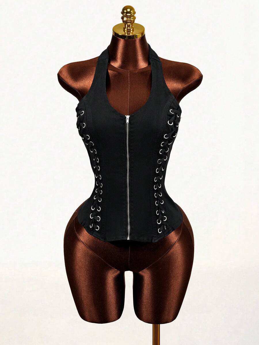 Mistrie 女士交叉露背牛仔吊带上衣 - 藍色 - 查看 1