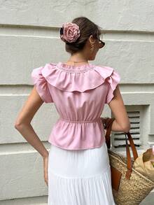 Serisse 女士V领褶皱休闲百搭日常衬衫 - 淺粉色 - 查看 2