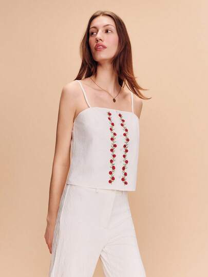 lacRébo White Straight-Neck Tank Top With Red Floral Embroidery Cute Style Spring Summer French Style Parisian Style White Embroidered Flower Top Vacation Top Boho Top