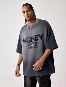 MONOPOLY X SHEIN 男士圆领字母印花休闲百搭日常短袖T恤 - 黑色 - 查看 4