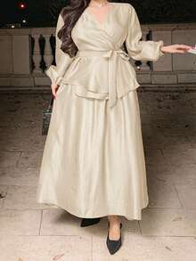 Dazy Plus Plus Size Women's Elegant Solid Color V-Neck Belted Shirt And A-Line Skirt 2-Piece Set, Spring/Summer - Apricot - View 5