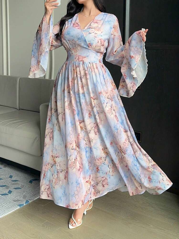 Dazy Plus Chiffon Floral Print V-Neck Waist Cinched Flare Sleeve Elegant Party Maxi Dress, Spring/Summer Plus Size Boho