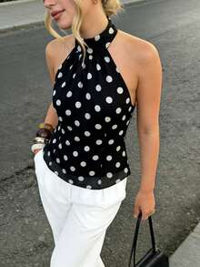 Pariaura 2026新款女士露背吊带无袖上衣 - 可爱黑色波点印花露背设计，配有系带蝴蝶结，喇叭下摆，收腰剪裁，轻盈飘逸的雪纺面料，复古风夏季休闲约会海滩度假周末派对时尚百搭，日常外出必备上衣 - 黑色 - 查看 2