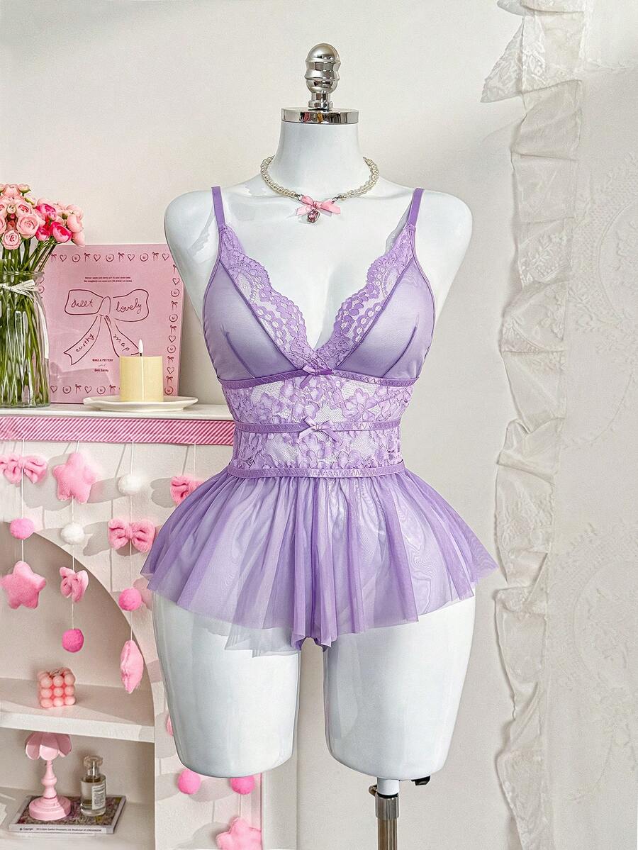 Sött & Romantiskt Spets Kontrast Mesh V-ringad Volang Justerbar Band Teddy Lingerie Set - Lila - Visa 1
