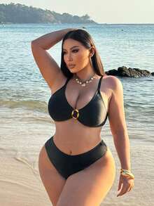 Swim SXY Plus Size Solid Color New Split Two Pieces Bikini Swimwear - Black - View 6