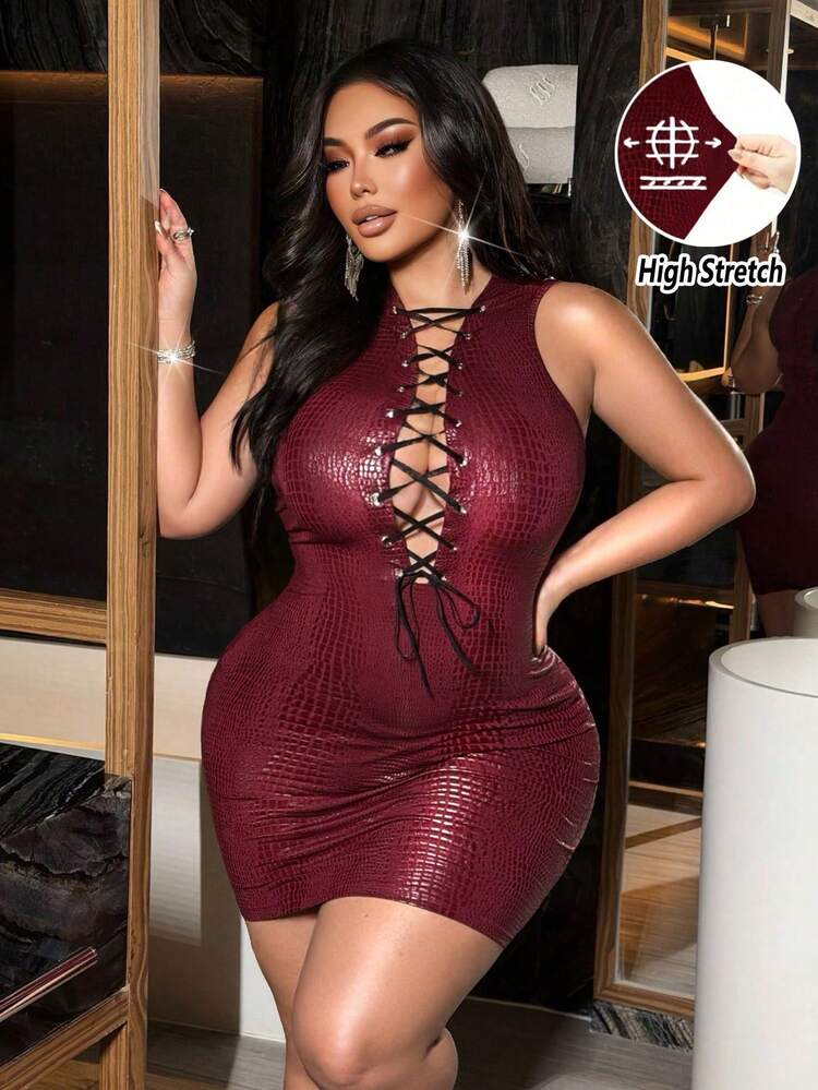 NU&NOW Plus Size Women's Sexy Knitted Coated Crocodile Skin Texture High Elasticity Fabric, Metal Eyelet, Chest Cutout Lace-Up Design, Bow Tie, Bodycon Mini Dress, Versatile Design, Suitable For Party, Date Night, New Year, Valentine's Day, Outing, Music Festival, Beach Vacation, Fashion Staple - Burgundy - View 3