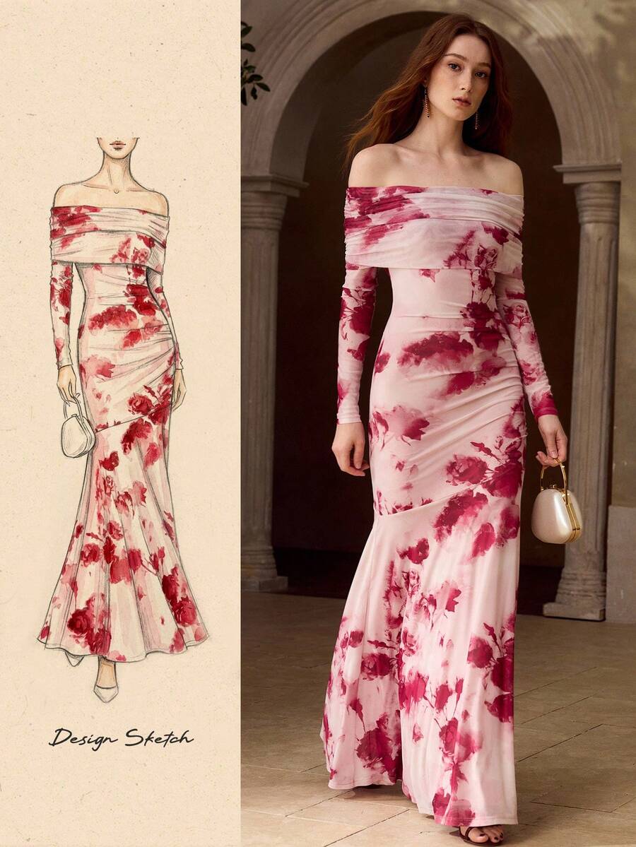 PREMIUM VESTIDO DE PUNTO LARGO CON HOMBROS DESCUBIERTOS Y ESTAMPADO DE MALLA PARA MUJER, PRIMAVERA/VERANO