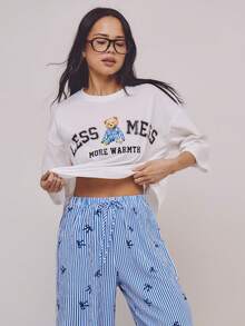 Athîral 2pcs Women's Casual Bear Print Pajama Set, Bear Print T-Shirt And Striped Pants - Multicolor - View 5