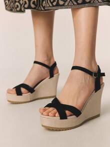 Styleloop 女士厚底坡跟凉鞋，黑色夏季露趾草编鞋，波西米亚风度假鞋罗马沙滩凉鞋，适合度假季、春夏季穿着 - 黑色布面 - 查看 6