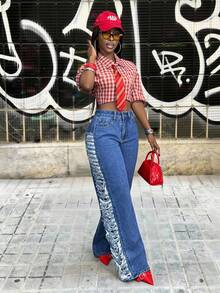 Slaydiva 女士高腰侧边破洞阔腿牛仔裤 - 藍色 - 查看 6