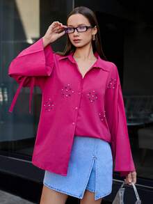 EURMUSE Cotton Floral Embroidery Knot Cuff Drop Shoulder Shirt - Pink - View 5