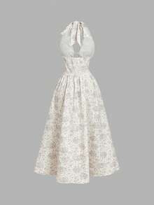 SHEIN MOD Women's Elegant Floral Print Cinching Waist Halter Neck Dress, Summer - Multicolor - View 2