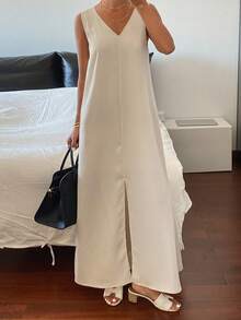 DAZY Đầm trơn màu, cổ chữ V, dáng rộng, không tay, thích hợp mặc đi nghỉ mát mùa hè cho nữ. - Màu be - Xem 4