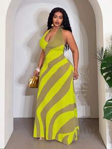 Slaydiva 2026 Early Spring Plus Size Women's Music Festival, Easter, Western, Nomadic, Birthday Party, Graduation, College, Student, Daily Wear, Basic Versatile, Casual, Vacation, Cruise Travel, Beach, Sunbathing, Viral, Streetwear, Wedding Guest, Commute, Brunch, Airport, Party, Holiday Outing, Elegant Gala, Ball, Relaxed, High-End Elegant Colorblock Halter Backless Maxi Fringe Knit Dress - Multicolor - View 7