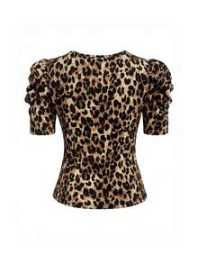 SHEIN Clasi Women's Leopard Print Round Neck Short Petal Sleeve T-Shirt - Multicolor - View 2
