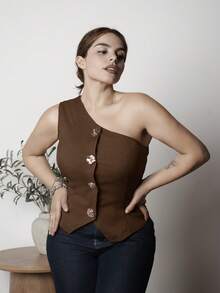 Lupita Cardoza 时尚优雅的 S 形性感不对称肩部金属扣装饰黑色女式衬衫，春夏季 - 紫紅色 - 查看 6