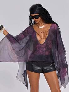 ROMWE Spring/Summer Y2K Sexy Chic Crystal Chain Decor Women's Deep Draped Neck Backless Flare Sleeve Blouse - Purple - View 8