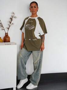 SAYEHFBABY Women's Summer Streetwear Oversized Racing Motorcycle Print Color Block Raglan Sleeve Green Jersey T-Shirt - Army Green - View 4