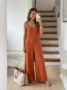 Easowa Women's Summer Wide Leg Jumpsuit With Pockets, Fashionable Casual Vacation Outfit,Casual - Rust Brown - View 6