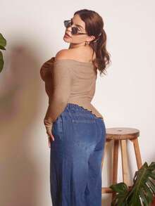 Lupita Cardoza Y2K Grunge 不对称领口生菜边 T 恤 - 卡其色 - 查看 4