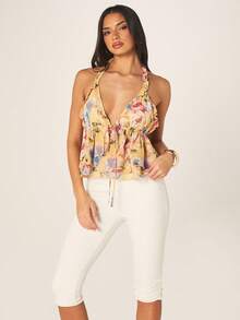 MISSGUIDED Áo kiểu nữ cổ yếm họa tiết hoa với viền bèo nhún và dây buộc, hoàn hảo cho kỳ nghỉ hè ở bãi biển và những buổi đi chơi thường ngày. - Nhiều màu - Xem 5