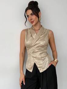 Firerie 女士优雅简约高贵时尚通勤都市风新款翻领裹腰带金属镀金无袖衬衫上衣 - 金色 - 查看 5