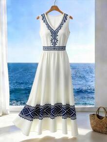 Lyxana Đầm nữ kiểu dáng thanh lịch, cổ tròn, không tay, eo xếp ly, in họa tiết vintage, thích hợp cho mùa xuân/hè. - Màu be - Xem 1