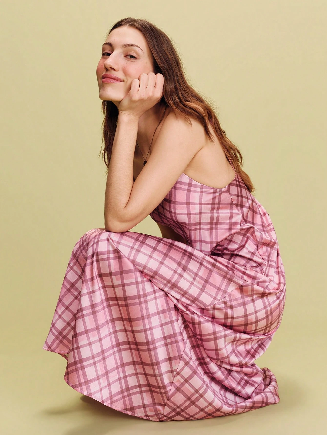 Satin Bias-Cut Checked Maxi Dress With Double Straps Summer Look Spring Summer French Style Parisian Style Evening Dress Vacation Dress Pink Check Dress Holiday Dress