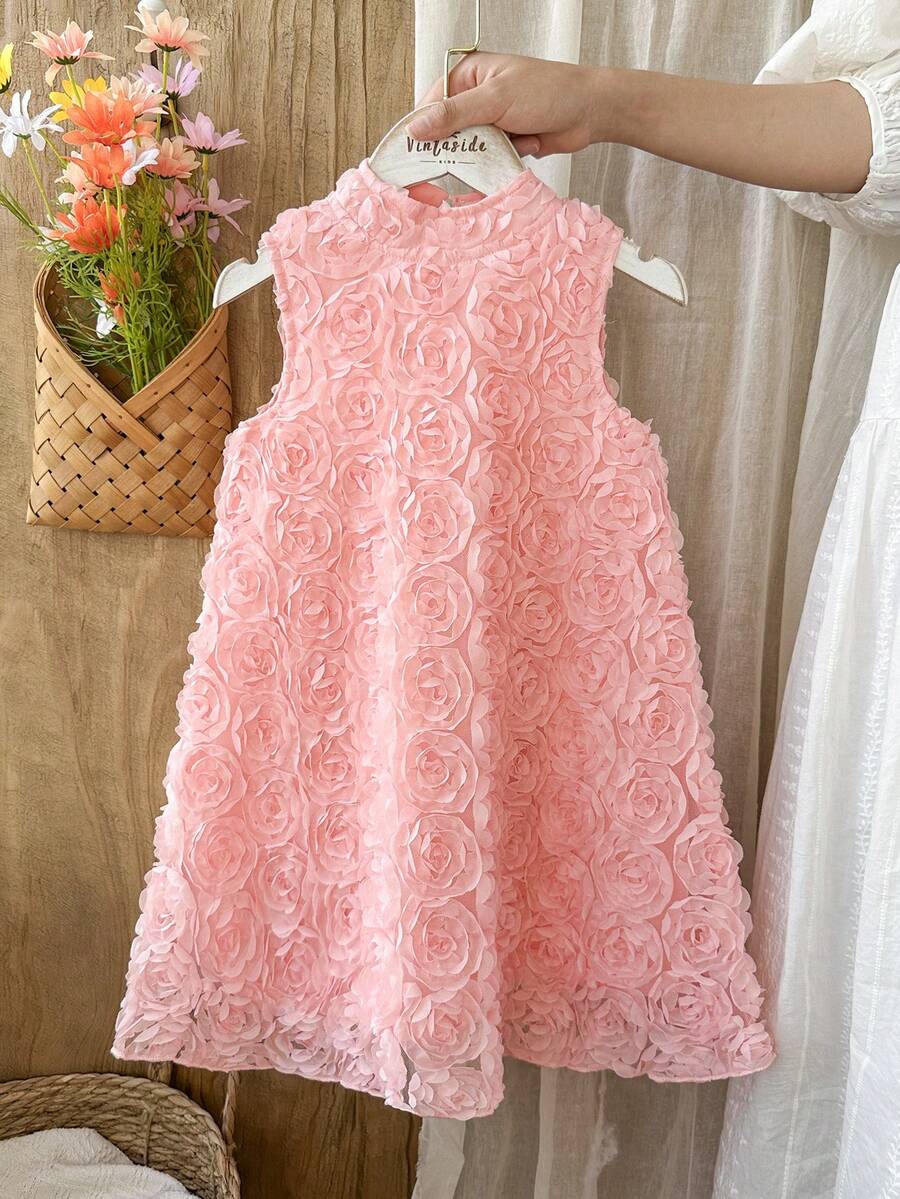 Vintaside Kids Girls Sleeveless Solid Color Elegant Ruffle Collar Summer Dress - Pink - View 1