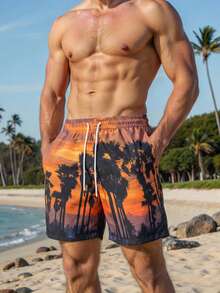 Manfinity Swimmode Men's Tropical Print Drawstring Beach Shorts Men Palm Tree Swim Shorts Hawaii Trunks - Multicolor - View 5