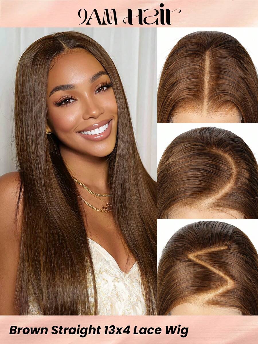 红棕色 13x4 蕾丝前发假发 直发 透明蕾丝前发假发 180 度 预拔 含婴儿头发 女士适用