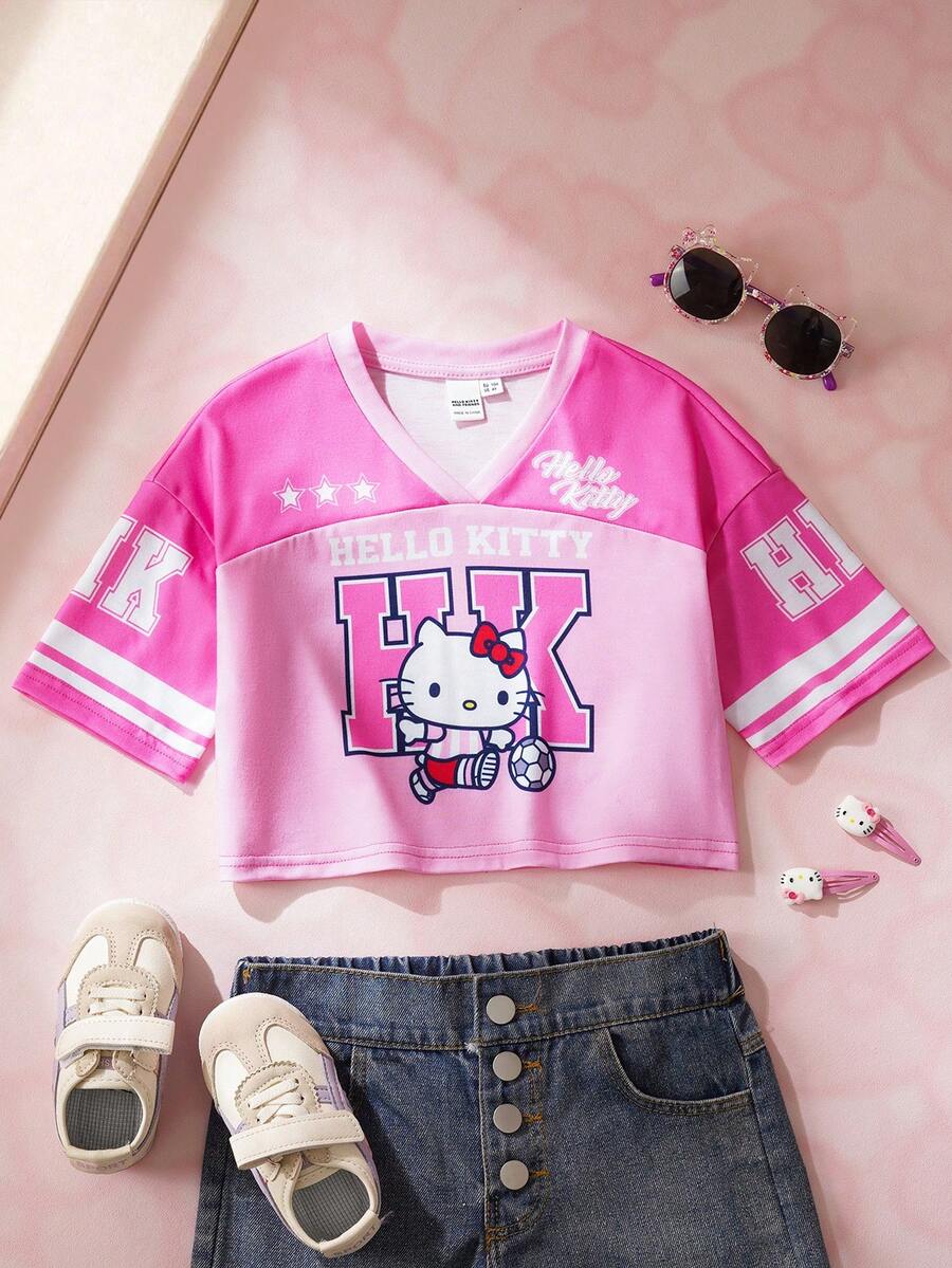 HELLO KITTY AND FRIENDS | SHEIN 少女休闲时尚街头运动卡通字母印花V领宽松短款T恤,夏季 - 粉色 - 查看 1