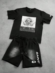 PAVTROS 男士夏季休闲眼睛印花T恤短裤套装 男士夏季套装 男士两件套短裤套装 男士黑色套装 男士短袖T恤短裤套装 男士休闲印花套装 - 黑色 - 查看 1