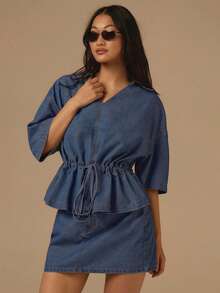 COSMINA V-Neck Puff Sleeve Top And Denim Skirt Set, Ruched Drawstring Waist Denim Blouse, Blue Denim Outfit, Women Summer Denim Set, Elegant Denim Suit - Blue - View 6