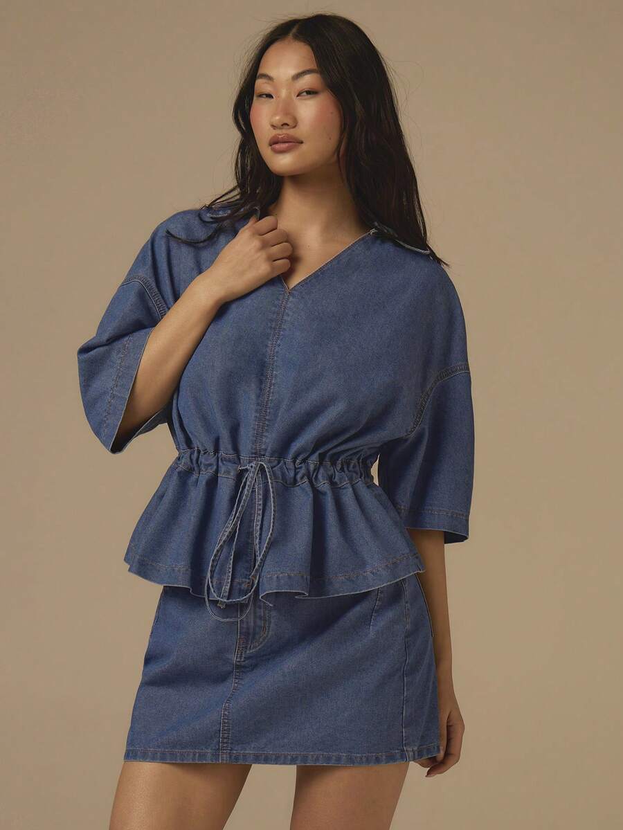 COSMINA V-Neck Puff Sleeve Top And Denim Skirt Set, Ruched Drawstring Waist Denim Blouse, Blue Denim Outfit, Women Summer Denim Set, Elegant Denim Suit - Blue - View 1